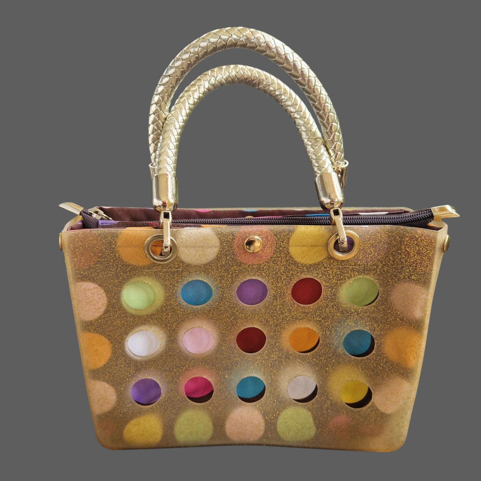 Axel Accessories Handtas – Jelly Bag met Glitter & Polkadots, Ophalen of Verzenden, Gebruikt, Bruin, Handtas