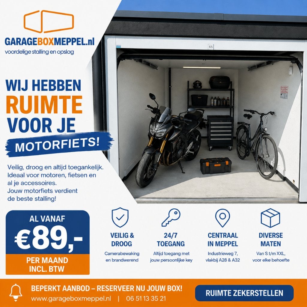 Motorstalling Meppel | Eigen garagebox | 24/7 toegang, Ophalen, Nieuw