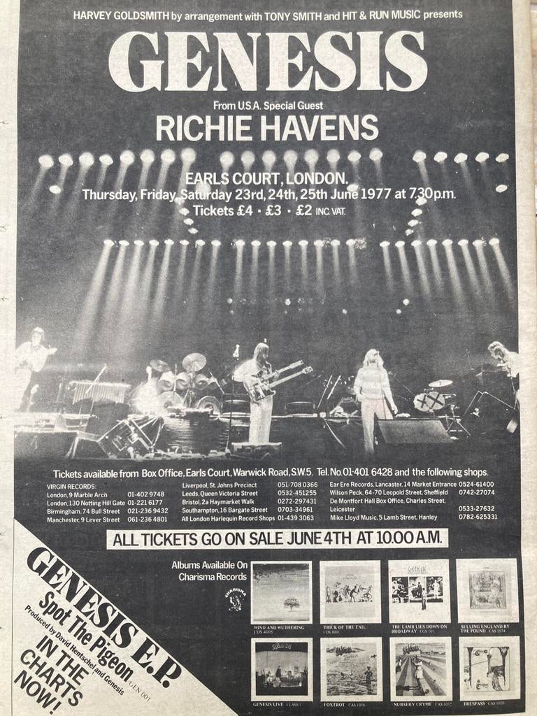 Paginagrote A3 advertentie GENESIS Earls Court London 1977, Cd's en Dvd's, Vinyl | Rock, Ophalen of Verzenden, Gebruikt, Poprock