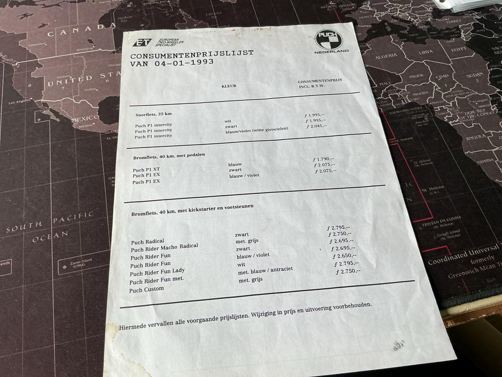 Puch Bromfietsen en Snorfietsen Prijslijst 1993, Verzenden, Gebruikt, Overige typen
