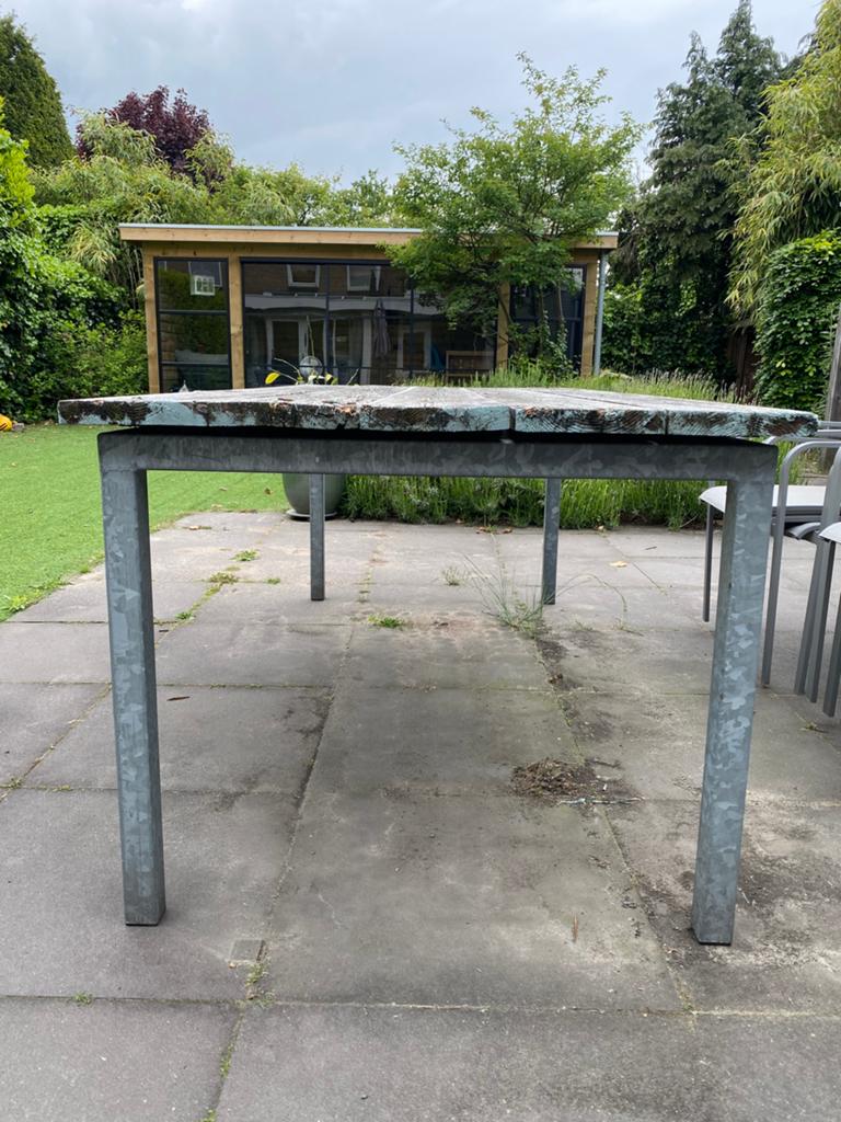 Tuintafel - stevig frame - steigerhouten planken, Ophalen, Gebruikt, Rechthoekig, Metaal