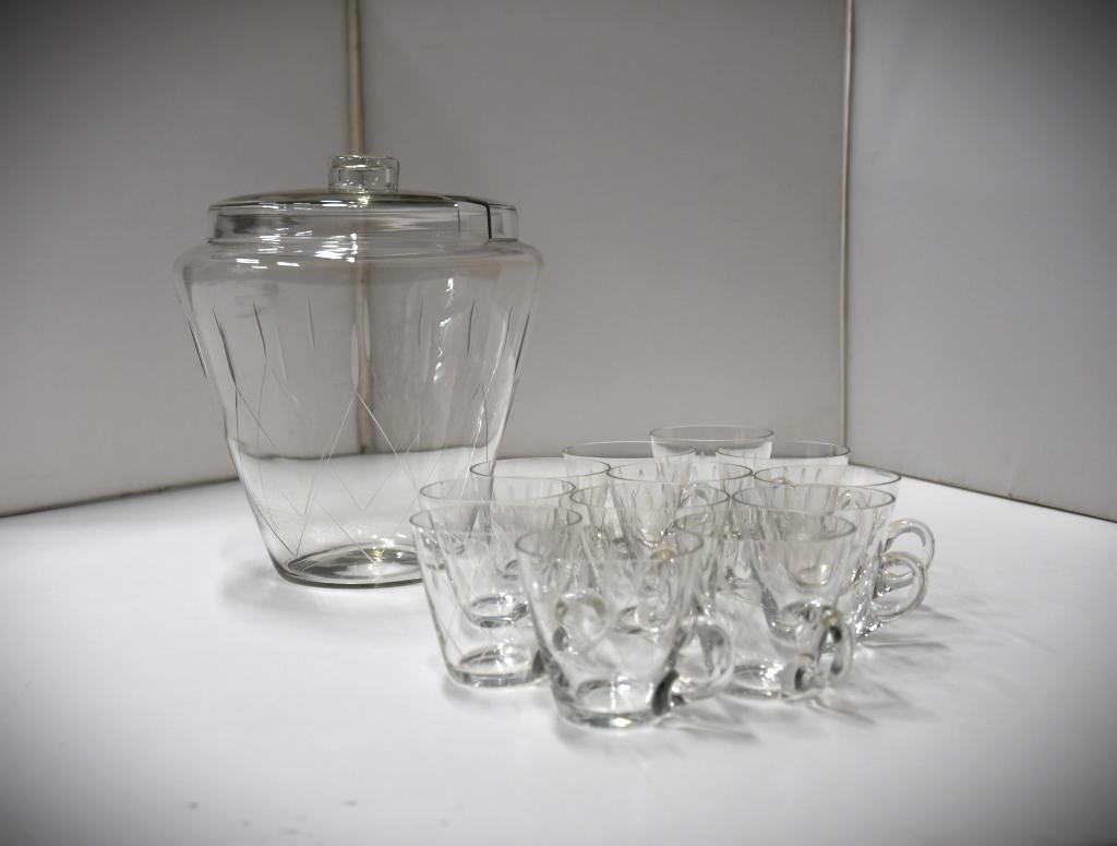 Bowl-set van geslepen glas 1 bowl met 12 kopjes, Antiek en Kunst, Antiek | Glas en Kristal, Ophalen of Verzenden