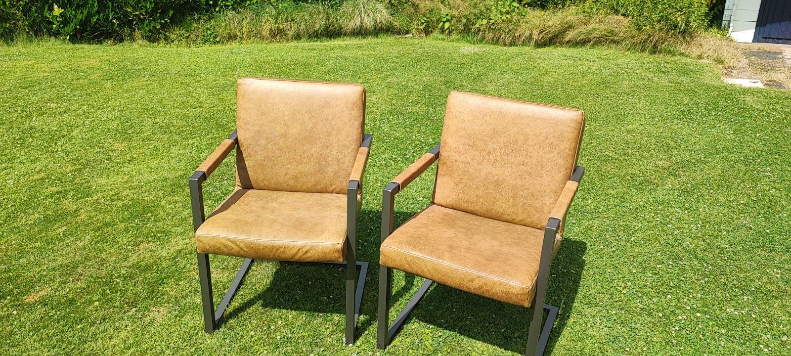 4 lederen eetkamer fauteuils Olive Green, Ophalen, Zo goed als nieuw, Leer, 50 tot 75 cm