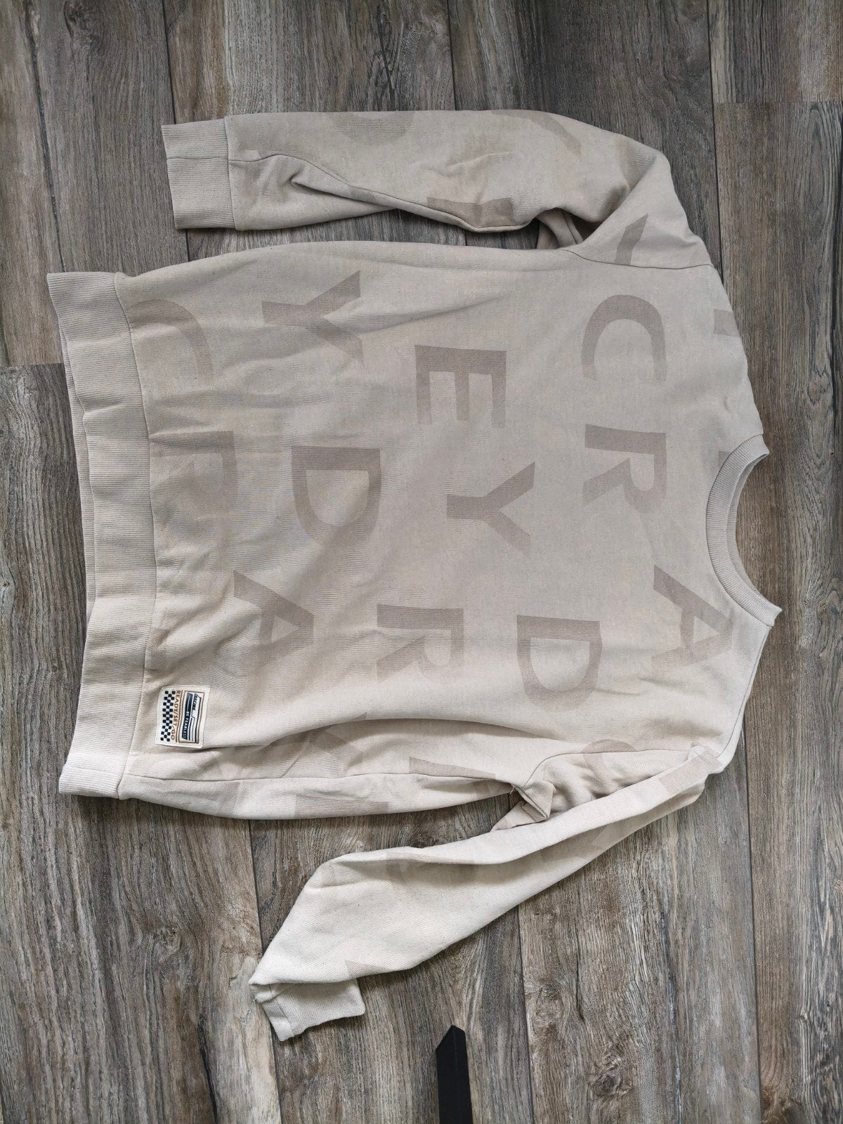 Stoere beige trui met print - Maat 170, Gebruikt, Jongen of Meisje, Trui of Vest, Ophalen of Verzenden