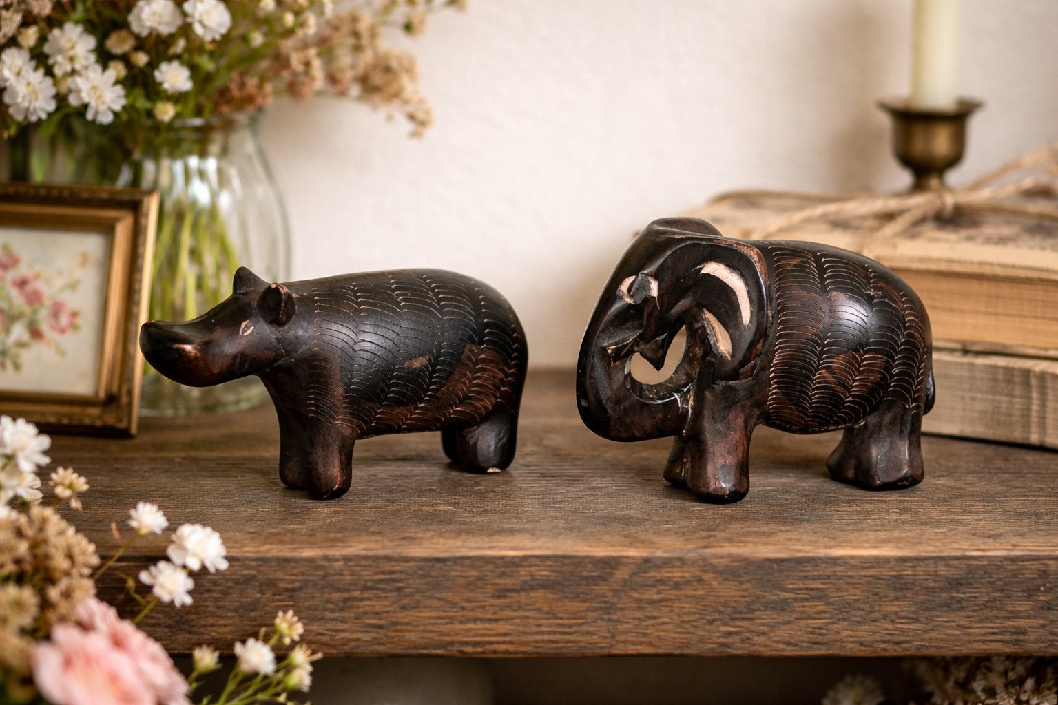 Vintage handgesneden houten nijlpaard en olifant uit Kenia, Ophalen of Verzenden