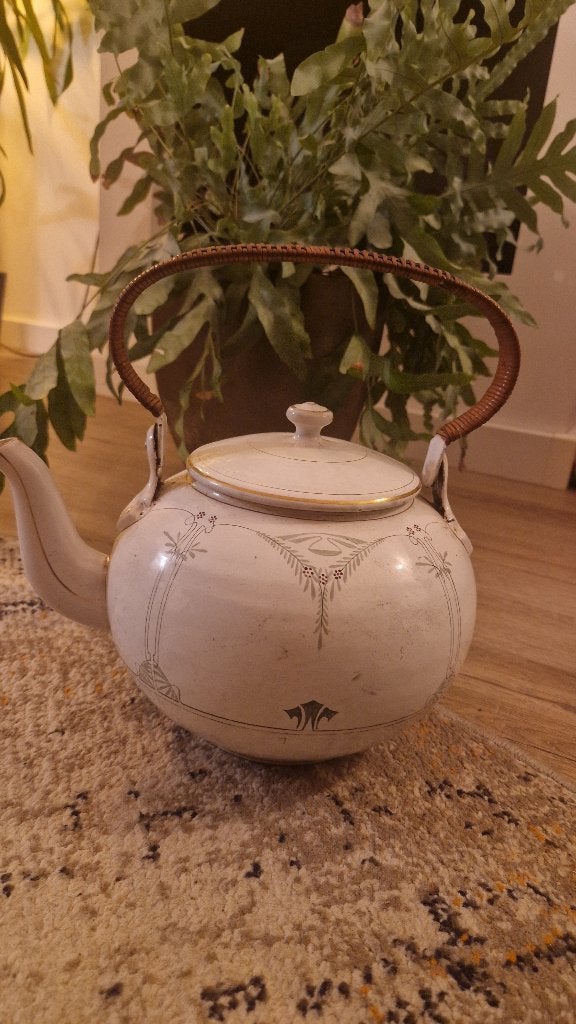 Antieke Emaille Waterketel met Rotan Handvat, Ophalen of Verzenden