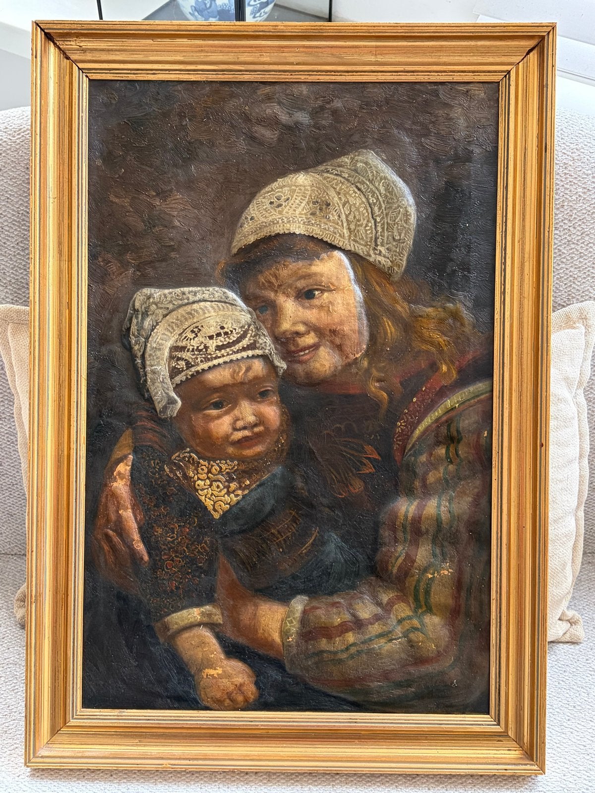 Oud Hollands schilderij van moeder en kind, Doek, Portret of Personen, Oud hollands, Ophalen of Verzenden
