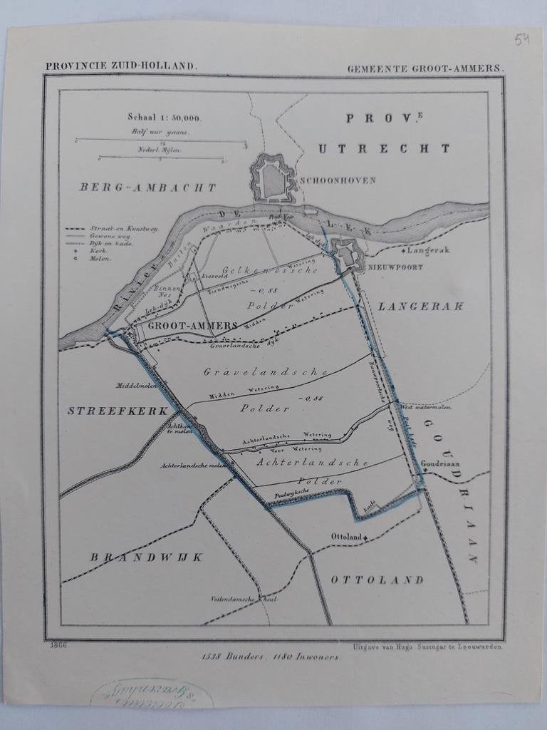 54 / Groot-Ammers Nieuwpoort Schoonhoven Litho uit 1866, Ophalen of Verzenden
