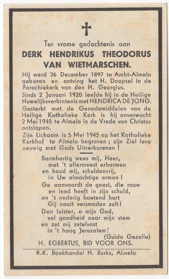 Derk H.T. van Wietmarschen 1898 Almelo + 1945 Almelo, 47 jr, Verzamelen, Bidprentjes en Rouwkaarten, Verzenden