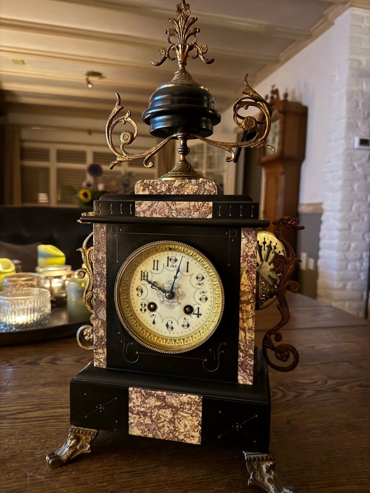 Antieke Franse pendule klok met marmer en brons, Ophalen of Verzenden