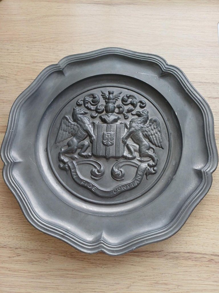 Groot antiek tinnen sierbord In Fide Constans (32 cm), Ophalen of Verzenden