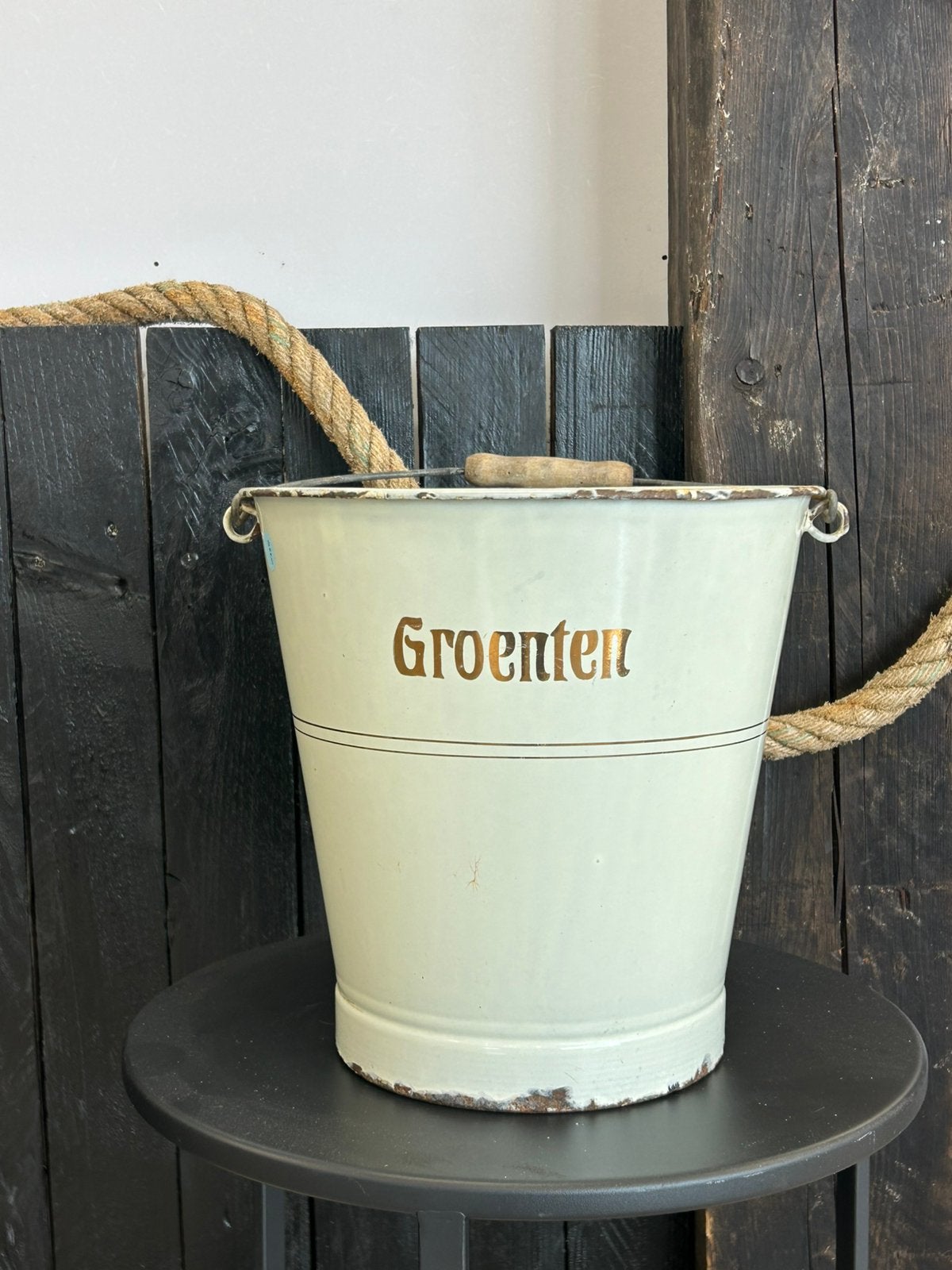 Creme Gekleurde Emaille Groenten Emmer met Bies, Antiek en Kunst, Antiek | Emaille, Ophalen of Verzenden