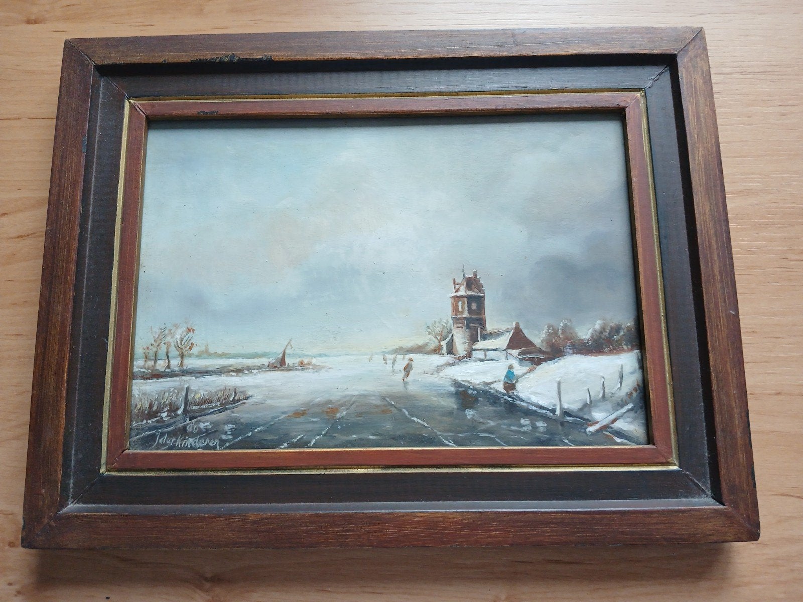 Oud Hollands Winterlandschap Schilderij - Gesigneerd, Antiek en Kunst, Ophalen, Paneel, Oud hollands, Landschap
