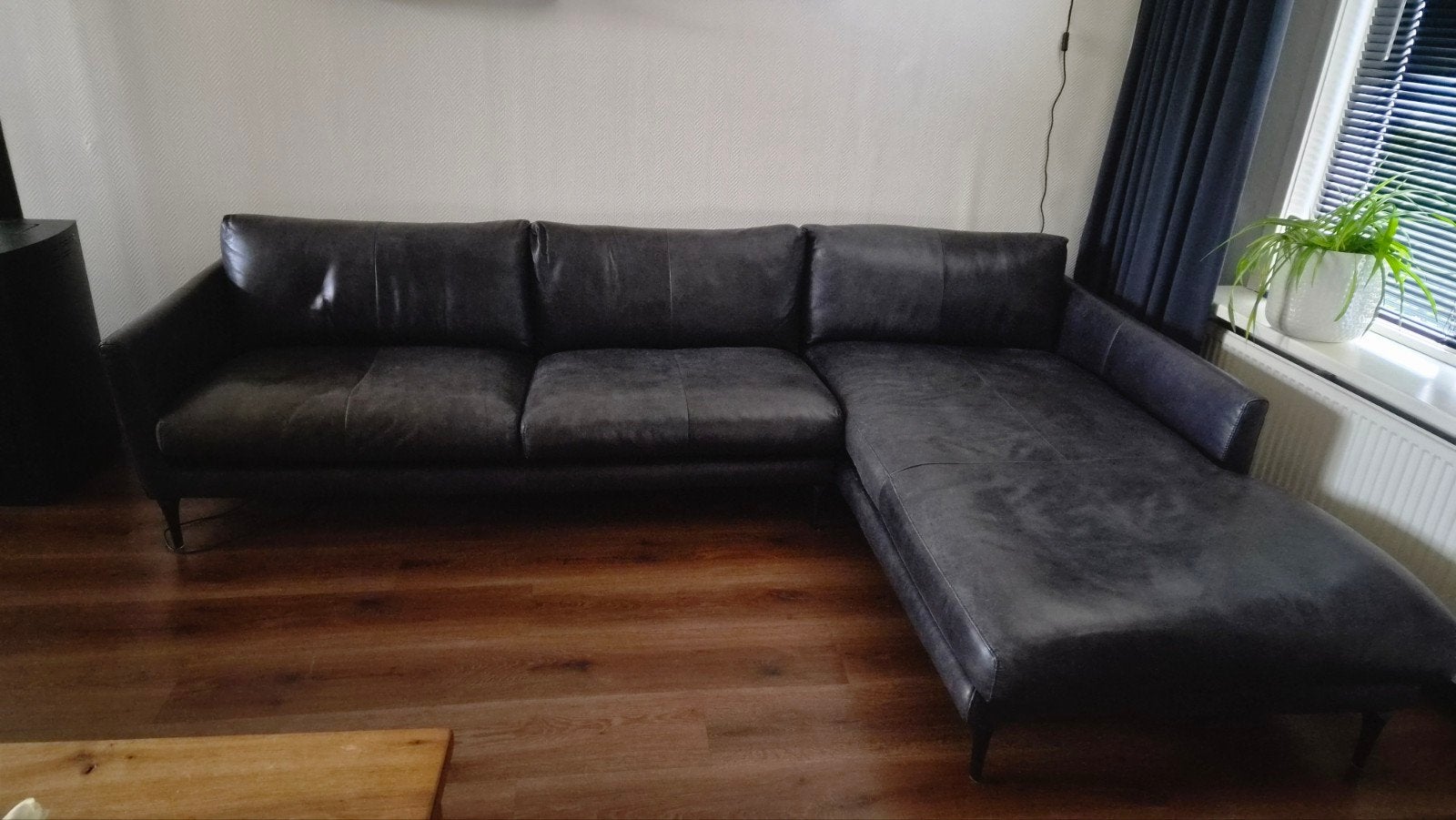 Stoere vintage design leren hoekbank Antraciet Zwart, Ophalen, 250 tot 300 cm, Leer, Zo goed als nieuw