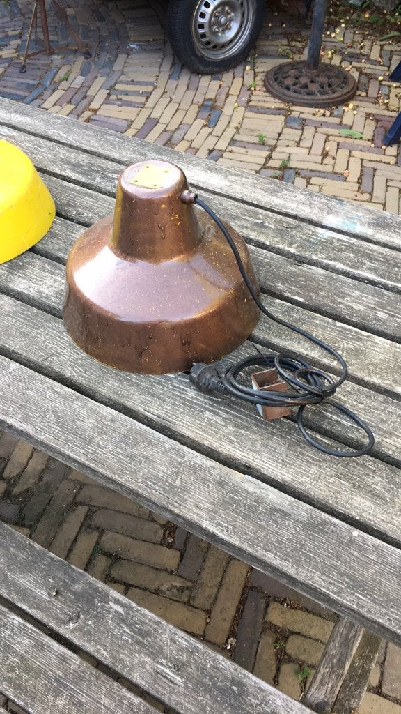 2x Vintage warmtelampen / kuikenlampen (geel en bruin), Gebruikt, Vintage, Industrieel, Metaal, E27 (groot)