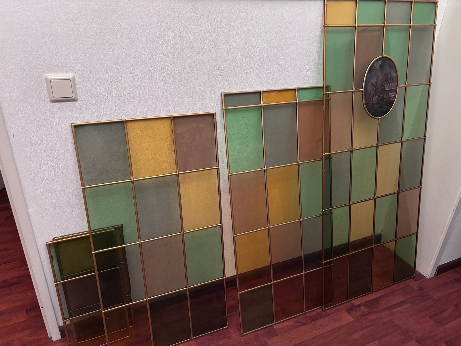 Set van 5 glas in koper panelen met maritiem tafereel, Ophalen