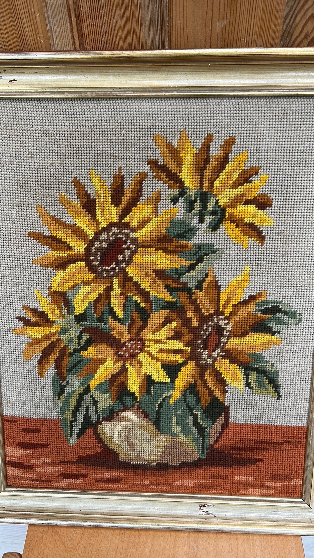 Vintage Borduurwerk Zonnebloemen in Lijst, Antiek en Kunst, Ophalen