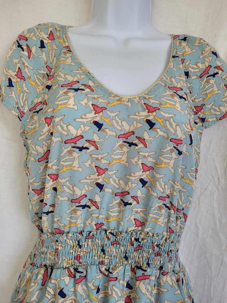 Mooie blauwe jurk met vogels mt S/M merk Suncoo, Blauw, ., Ophalen of Verzenden, Zo goed als nieuw