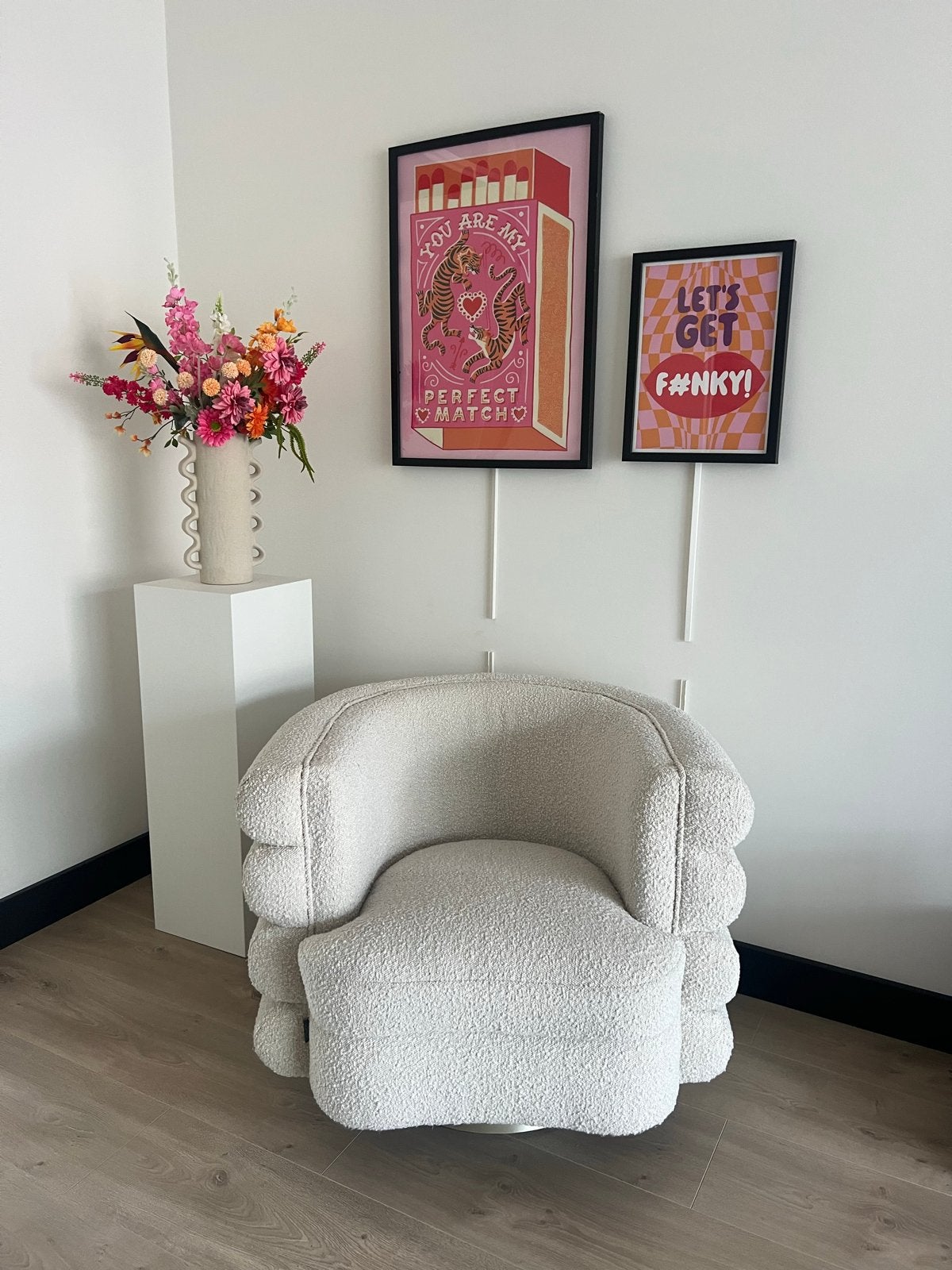 Moderne Bouclé Fauteuil - Crème Wit Teddy Draaibaar, Ophalen, Wit, Zo goed als nieuw, Eén