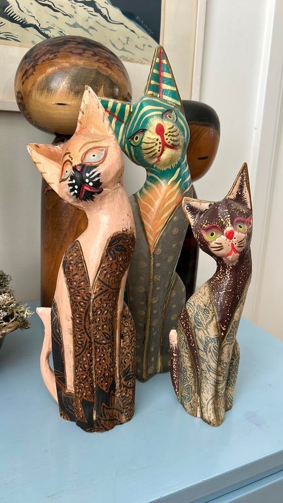3 vintage houten katten bekleed met batik stof & beschilderd, Ophalen of Verzenden