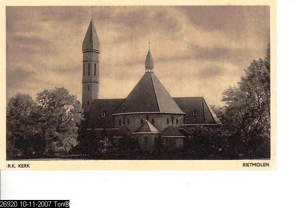 Ansichtkaart	Rietmolen	RK Kerk Sint-Caeciliakerk, Verzenden, 1940 tot 1960, Ongelopen, Gelderland