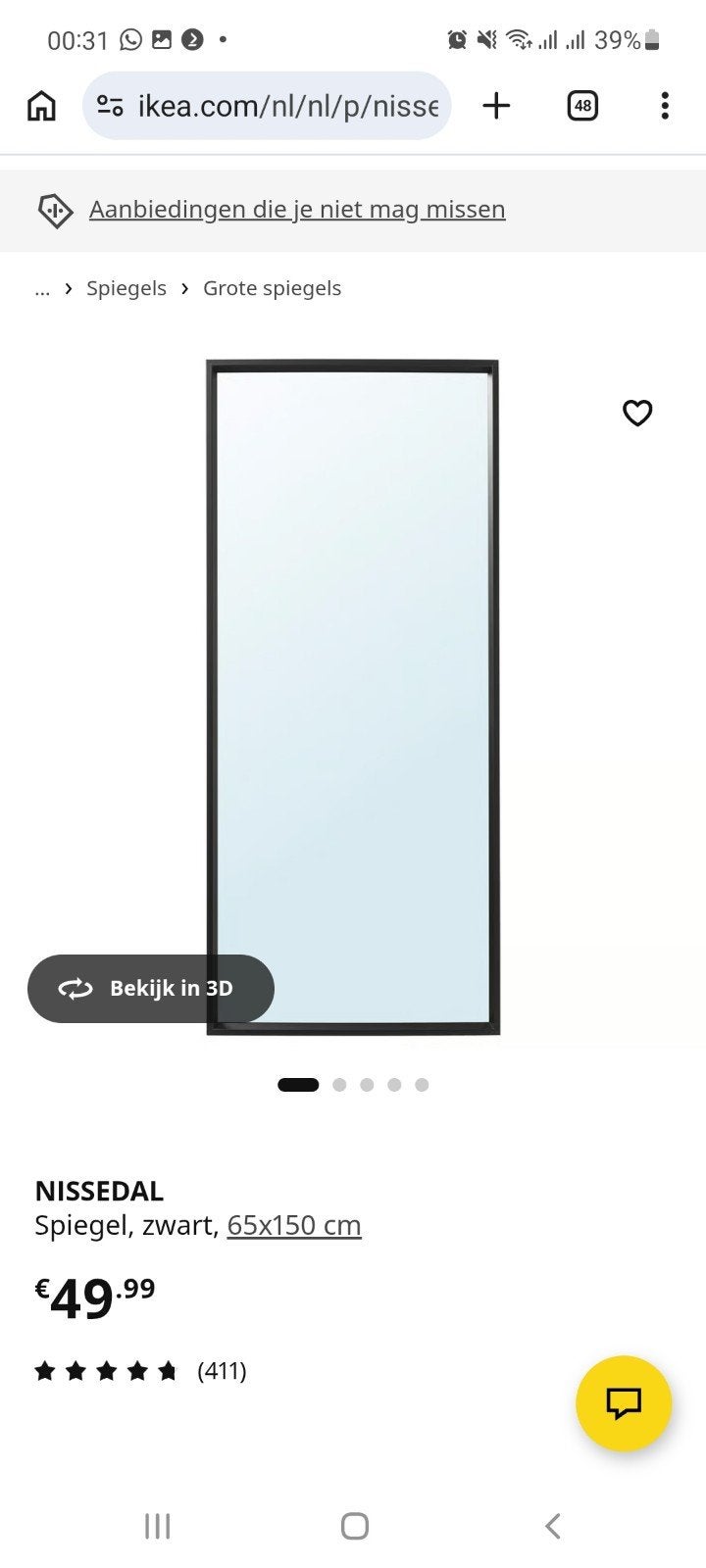 IKEA NISSEDAL Spiegel, zwart, 65x150 cm, Huis en Inrichting, Woonaccessoires | Spiegels, Ophalen
