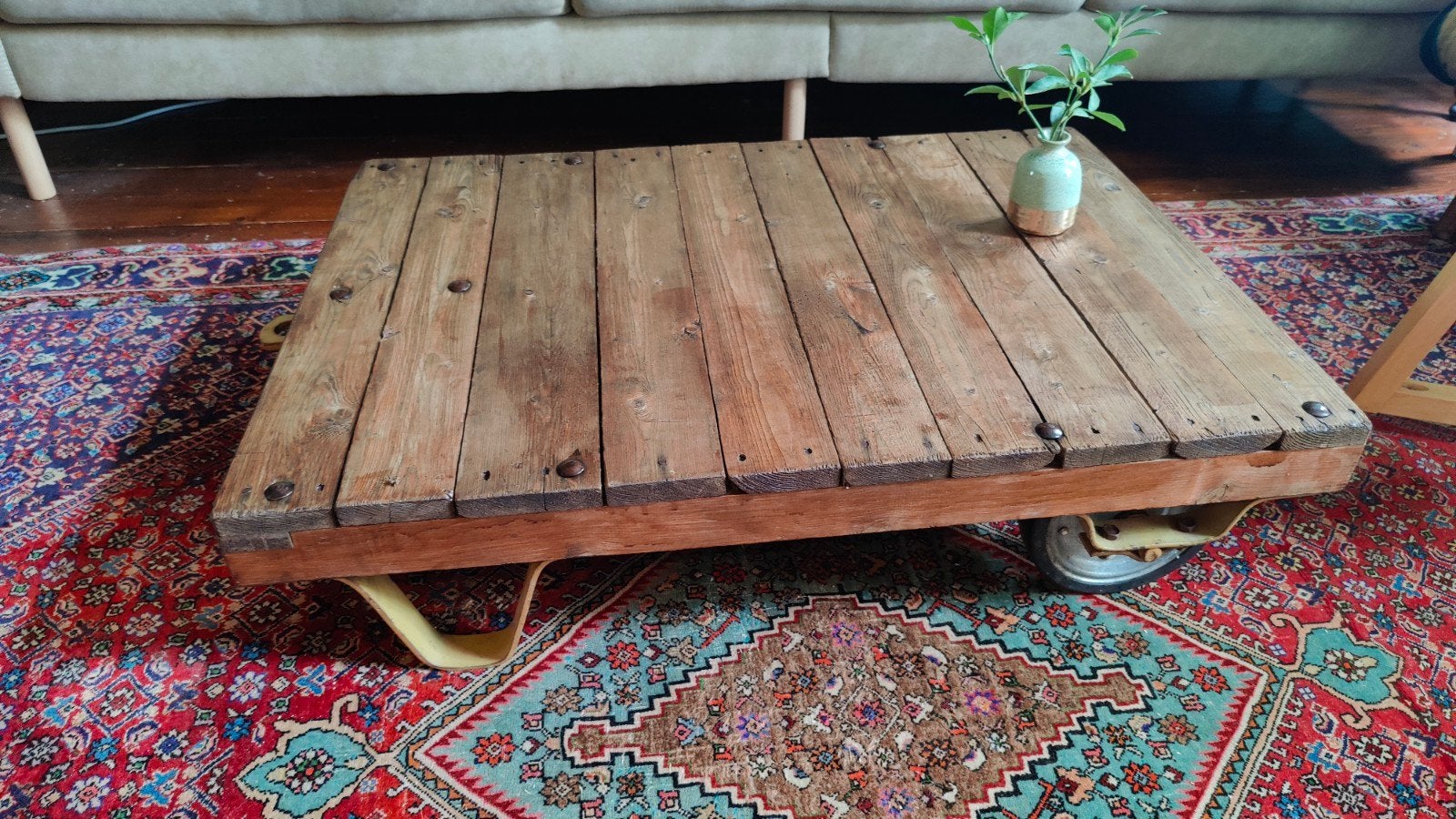 Vintage Trolley of palletwagen salontafel, Overige houtsoorten, Gebruikt, 100 tot 150 cm, Industrieel, Vintage, Rustiek