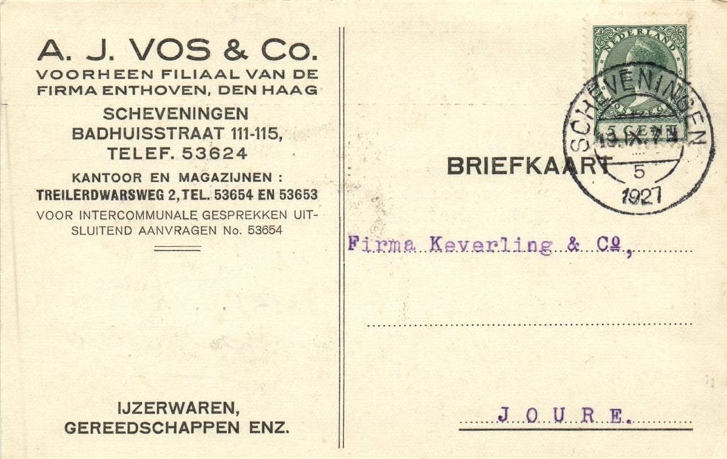 A.J. Vos + Co., Scheveningen - 09.1927 - briefkaart, Ophalen of Verzenden, Briefkaart