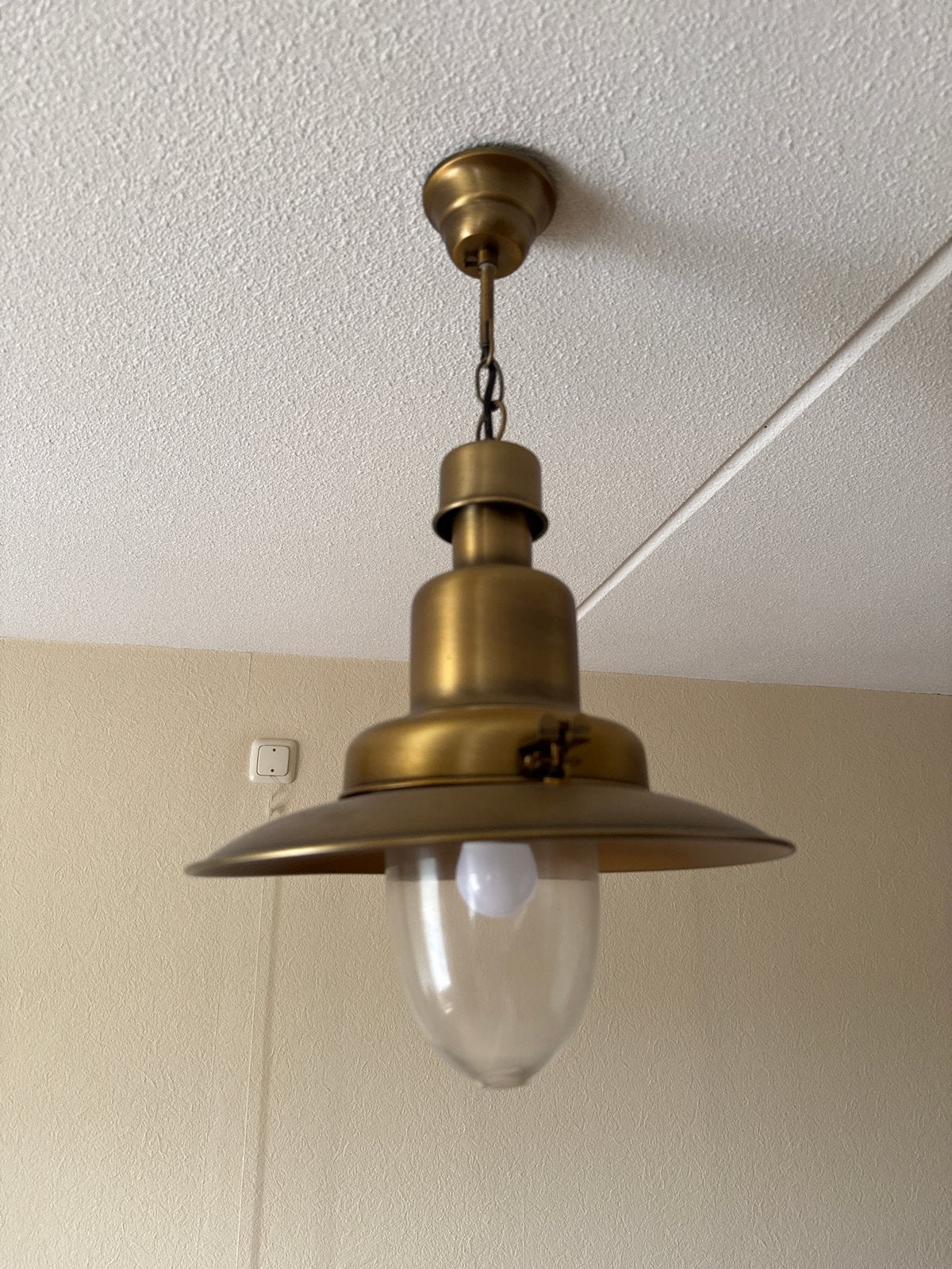Vintage Messing Hanglamp met Glazen Kap - Industriële Stijl, Ophalen, Gebruikt, Metaal, E27 (groot)