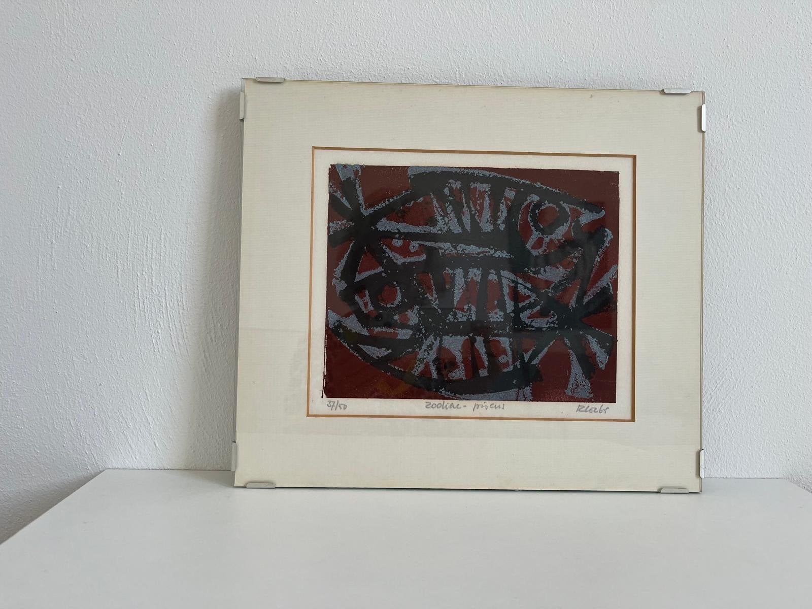 Glas schilderij sterrenbeeld Vis, Zooliae-pisens, gesigneerd, Overige technieken, Mythologie, Ophalen of Verzenden, 1950 - 1999