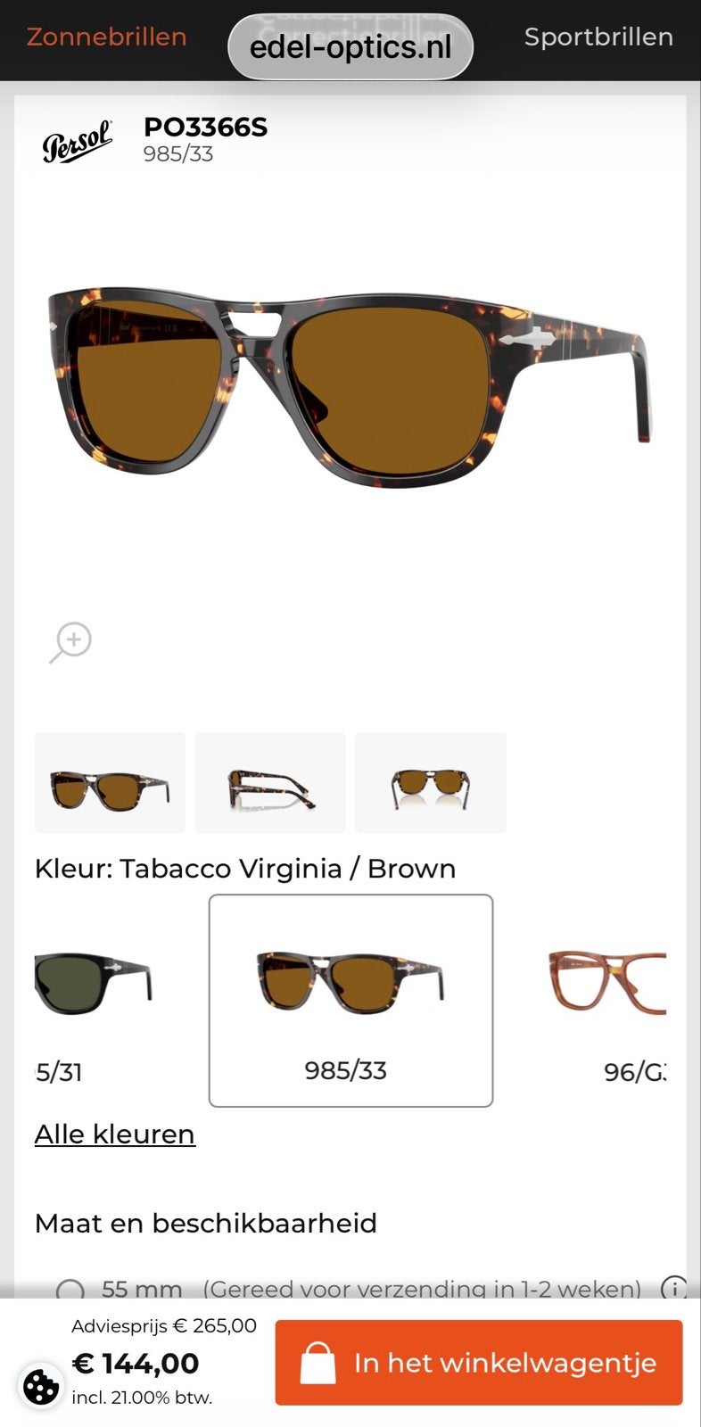 Persol zonnebril Tabacco Virginia L unisex NIEUW, Overige merken, Zonnebril, Bruin, Verzenden