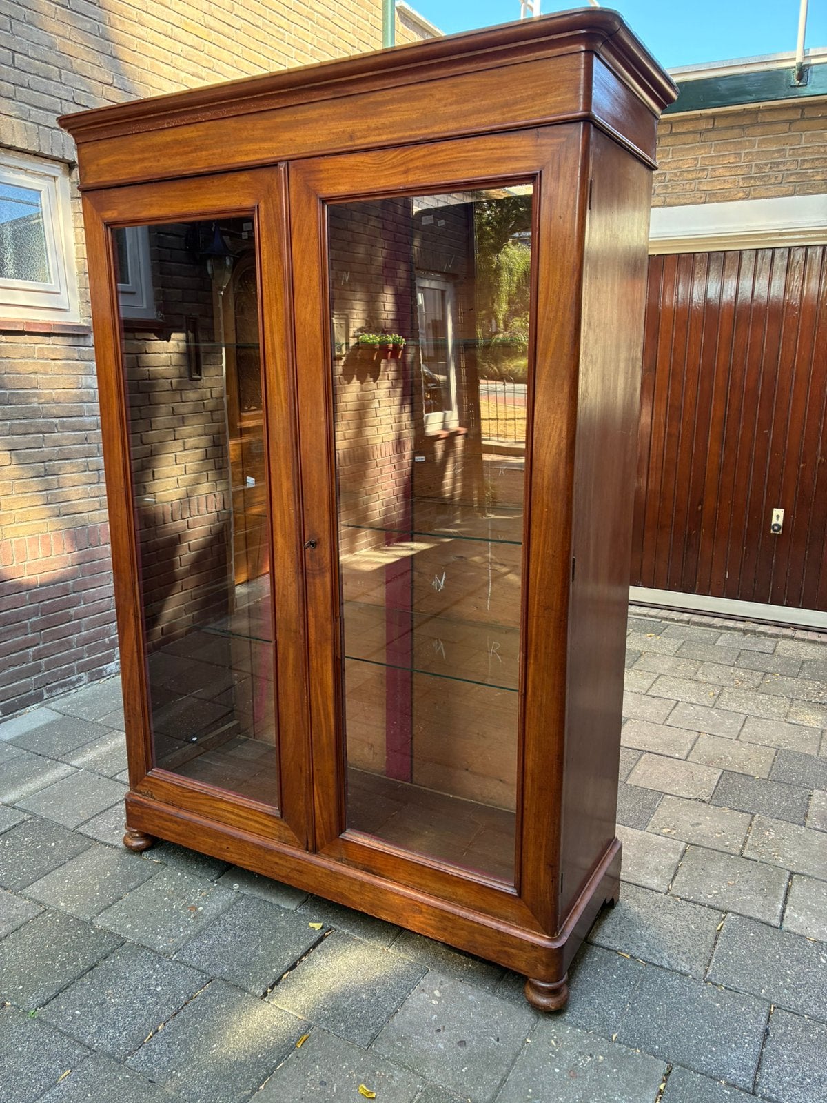Oude mahonie vitrine kast, Gebruikt, 200 cm of meer, 150 tot 200 cm, Overige houtsoorten