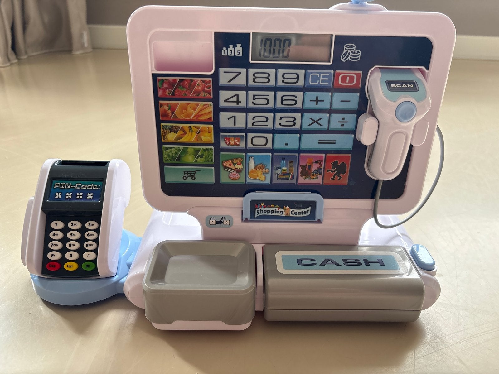 Speelgoed kassa met accessoires en speelgeld, Ophalen, Gebruikt, Ontdekken, Met geluid