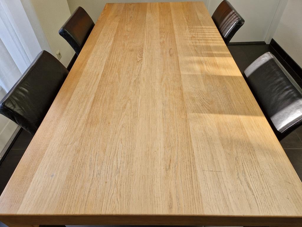 Eikenhouten eettafel met metalen poten, Ophalen, Gebruikt, 50 tot 100 cm, Modern industrieel