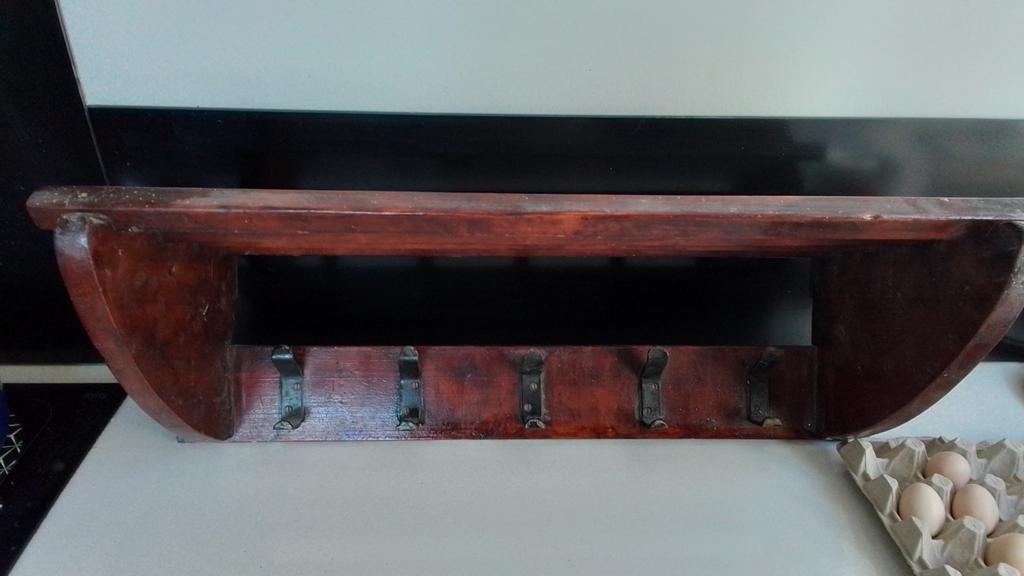 Houten wandkapstok met legplank en haken, Huis en Inrichting, Woonaccessoires | Kapstokken, Wandkapstok, Gebruikt, Ophalen of Verzenden