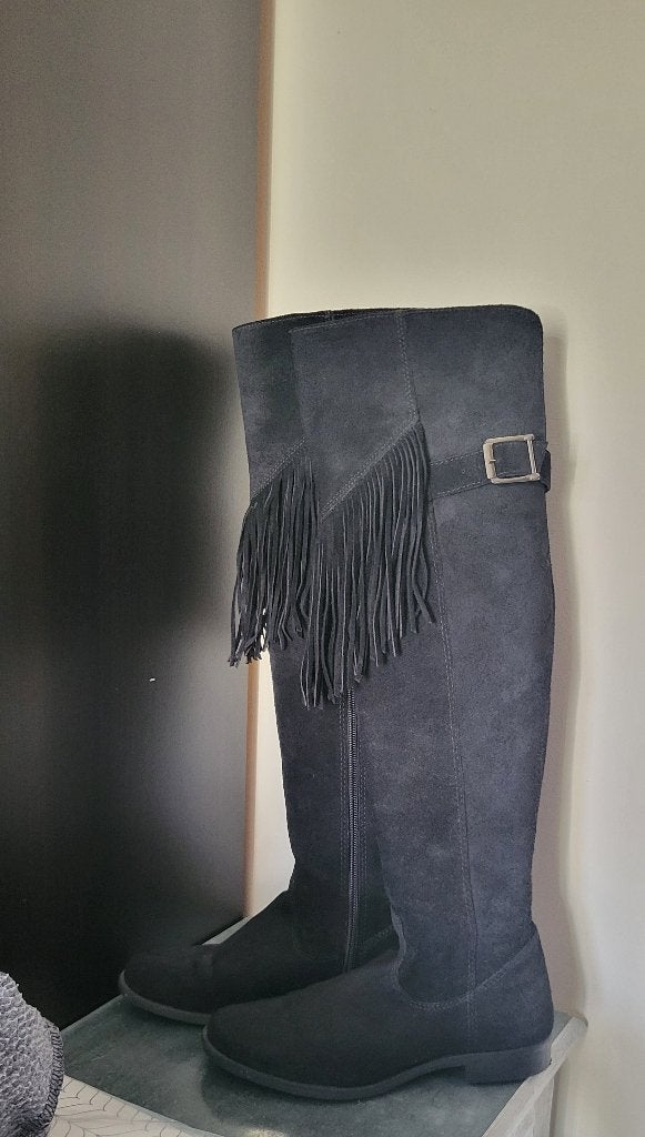 Tamaris suede zwarte laarzen, overknee met franje, maat 39, Hoge laarzen, Zwart, Zo goed als nieuw, Ophalen
