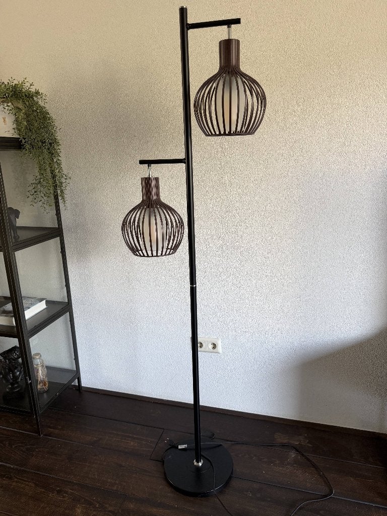Dubbele vloerlamp – Industrieel – Zwart/bruin – Met dimmer, Ophalen, E27 (groot), Zo goed als nieuw, Industrieel, modern, retro