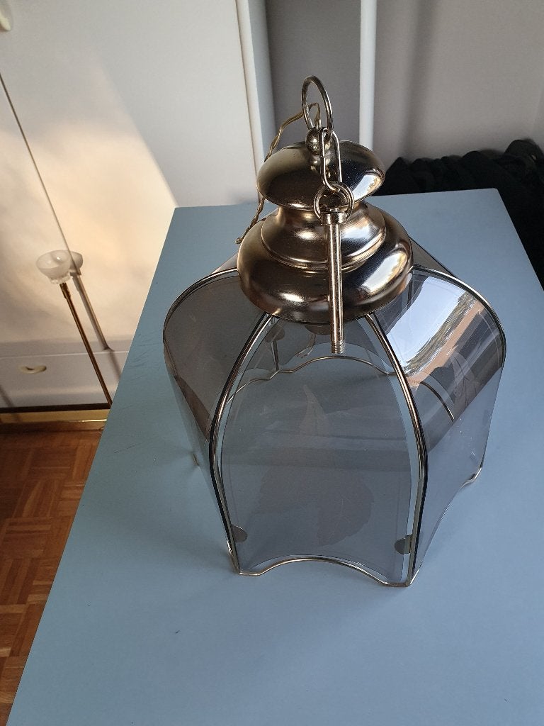 Prachtige Vintage Hanglamp Jaren '70 - Rookglas & Messing, Gebruikt, E27 (groot), Ophalen of Verzenden, Hollywood Regency