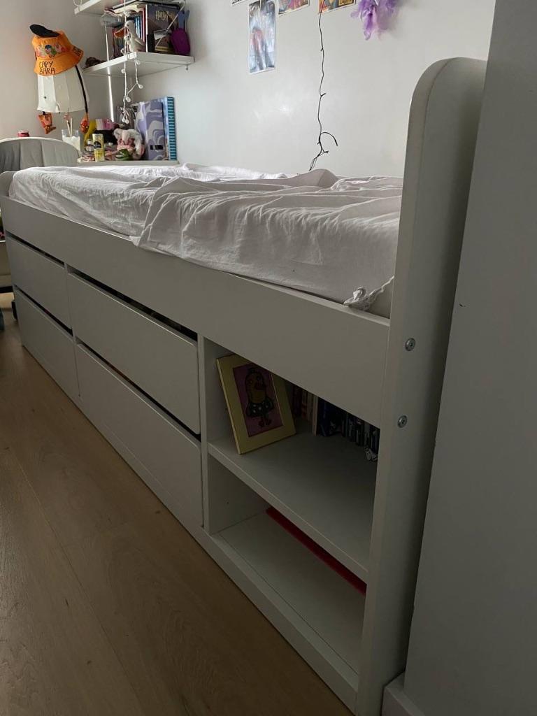 IKEA SLÄKT bed frame w storage+slatted bedbase, Ophalen, 85 tot 100 cm, Gebruikt, Lattenbodem