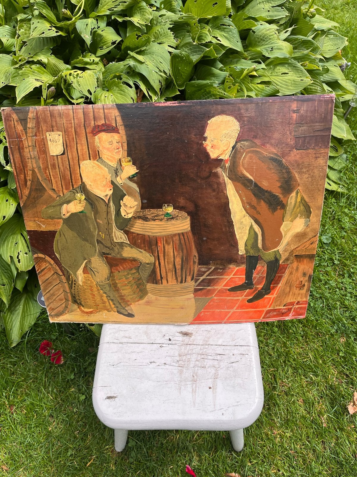 Vintage schilderij: Drie mannen in een herberg, Antiek en Kunst, Kunst | Schilderijen | Klassiek, Paneel, Portret of Personen