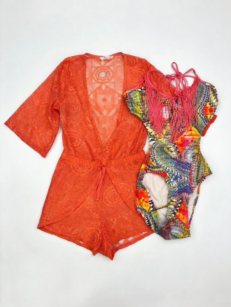 Badpak met franjes en kanten kimono/playsuit, Kleding | Dames, Ophalen of Verzenden, Zo goed als nieuw, Oranje, Badpak