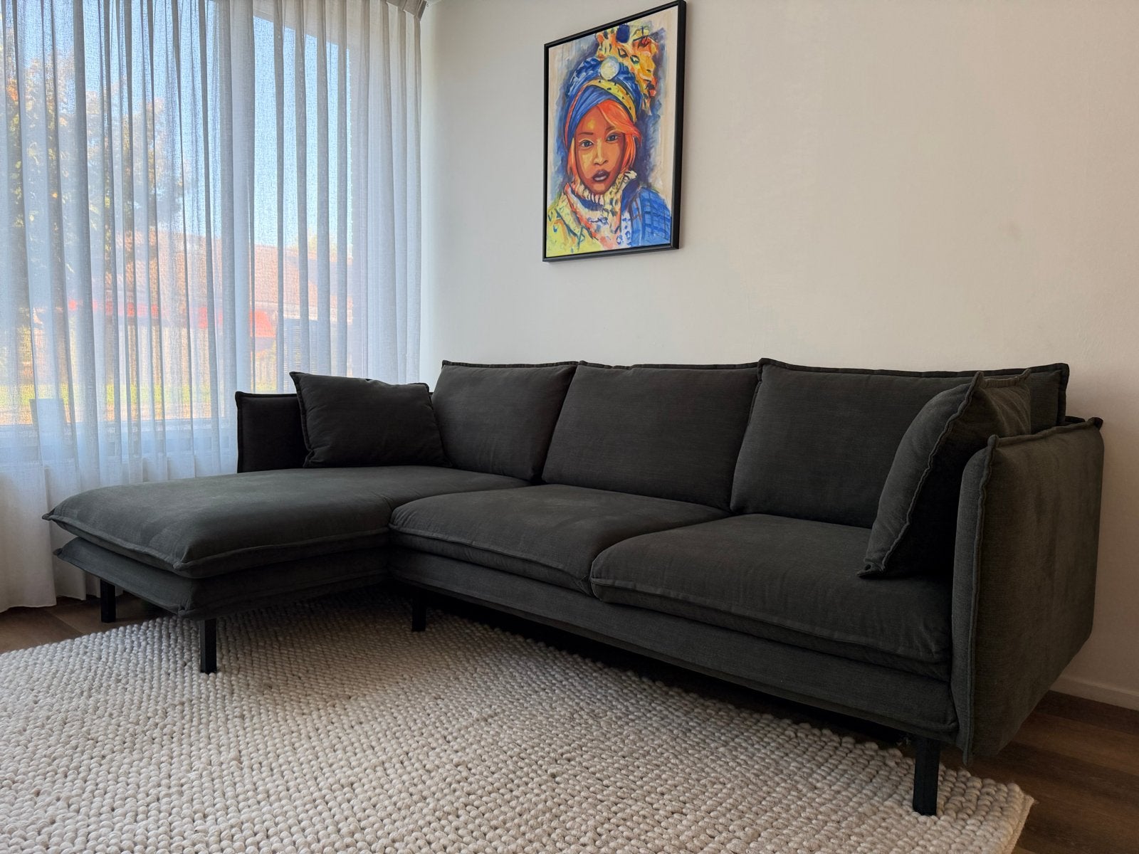 Bank Chaise longue Gayle links warm groen, Ophalen, 250 tot 300 cm, Driepersoons, Zo goed als nieuw
