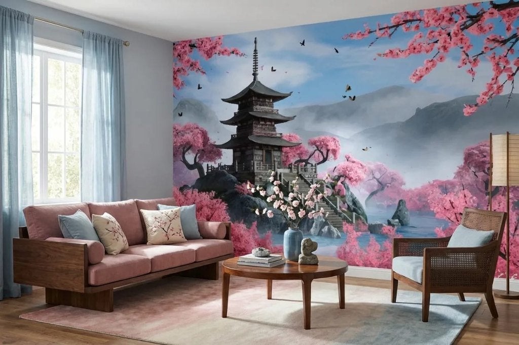 Bloesem behang woonkamer – Japanse pagode op maat, Bloemen, 75 m² of meer, Ophalen of Verzenden, Fotobehang
