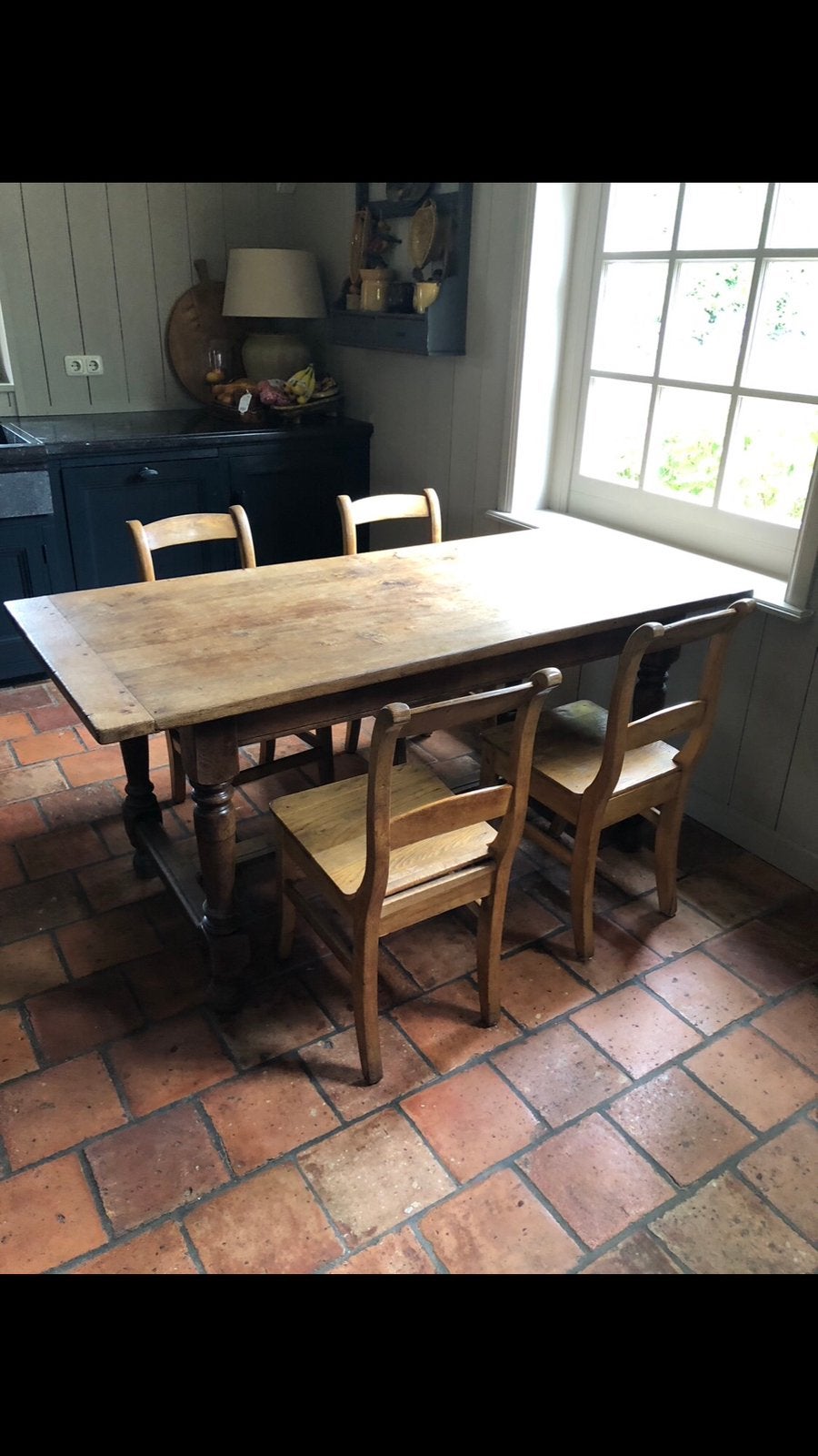 Franse eiken tafel met 4 stoelen, 200 cm of meer, Zo goed als nieuw, Rechthoekig, 50 tot 100 cm