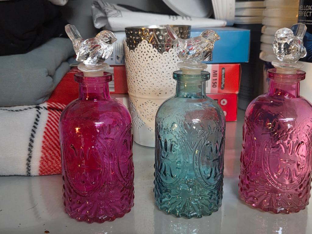 Decoratieve glazen flesjes met vogelstop - Set van 3, Ophalen of Verzenden