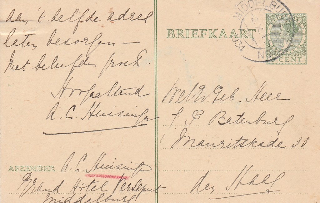 MIDDELBURG 1934 HUIZINGA Grand Hotel VERSEPUT, Verzamelen, Verzenden, 1920 tot 1940, Gelopen, Zeeland