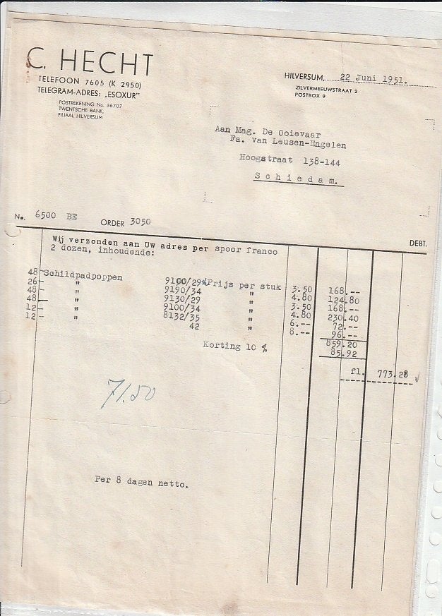 Hilversum HECHT speelgoed Schildpad poppen factuur 1951, Verzamelen, Ophalen of Verzenden, Zo goed als nieuw, Overige typen