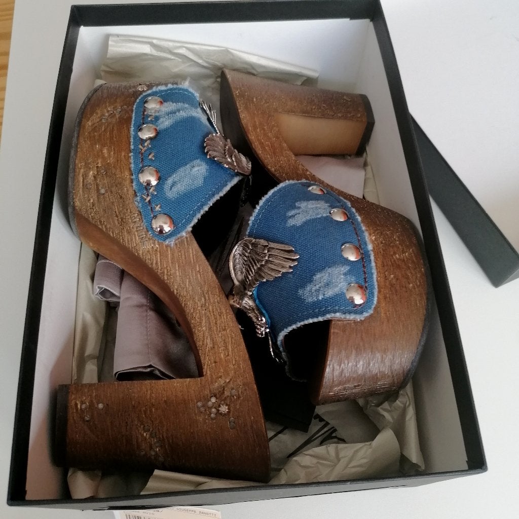 Giuseppe Zanotti nieuwe clogs sandalen denim + eagle 38 tnc, Blauw, Nieuw, Giuseppe Zanotti, .