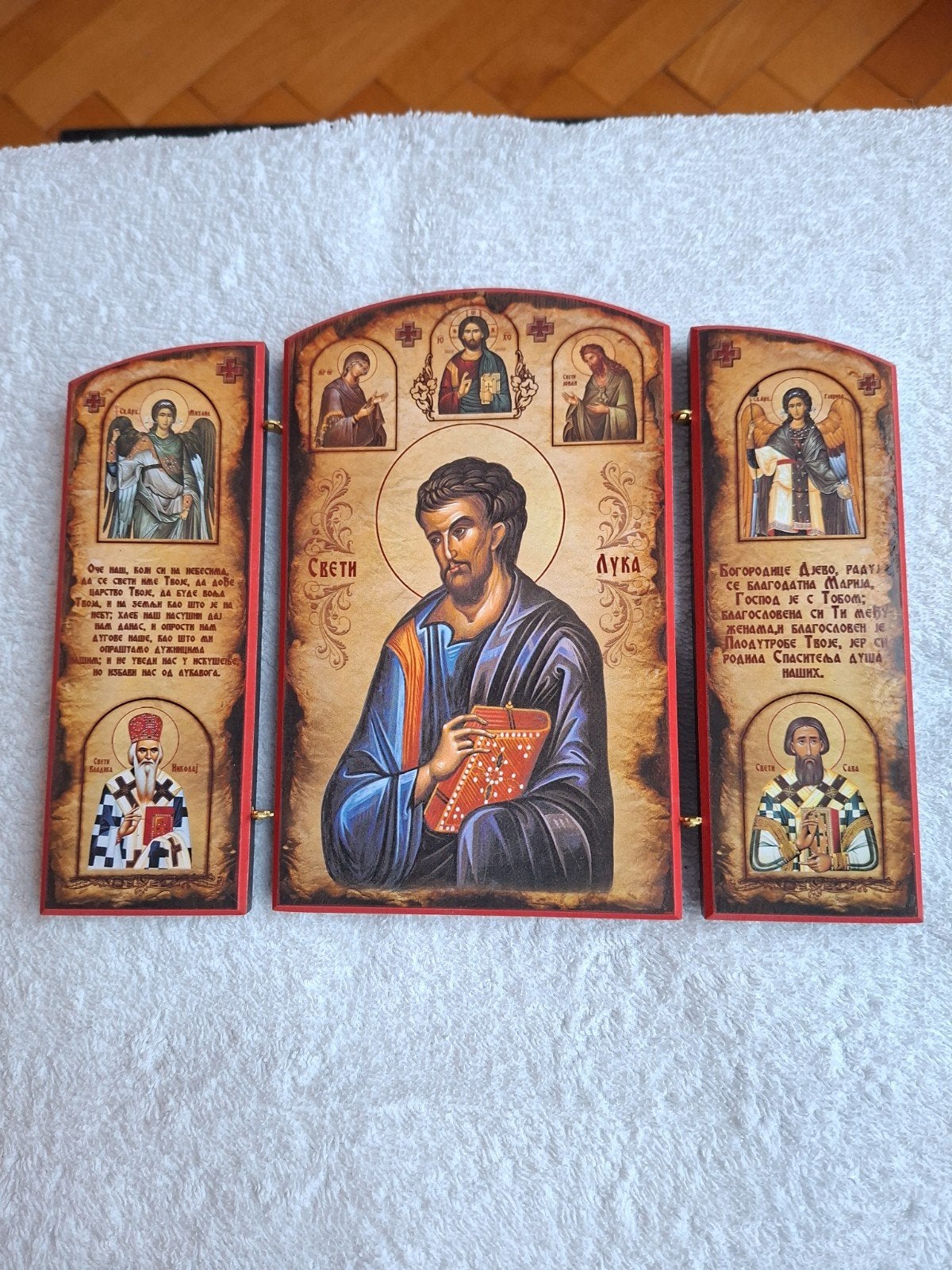 Religieus Drieluik Icoon met Heiligen en Gebeden, Antiek en Kunst, Ophalen of Verzenden