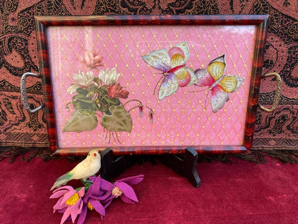 Antiek dienblad, brocante dienblaadje vlinders Art deco 1920, Antiek en Kunst, Ophalen of Verzenden
